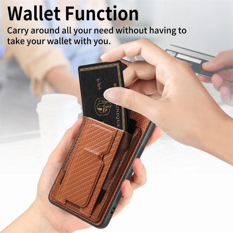 For Motorola Moto G Power 5G 2024 Carbon Fiber Fold Stand Elastic Card Bag Phone Case(Brown)