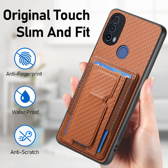 For Motorola Moto G Power 5G 2024 Carbon Fiber Fold Stand Elastic Card Bag Phone Case(Brown)
