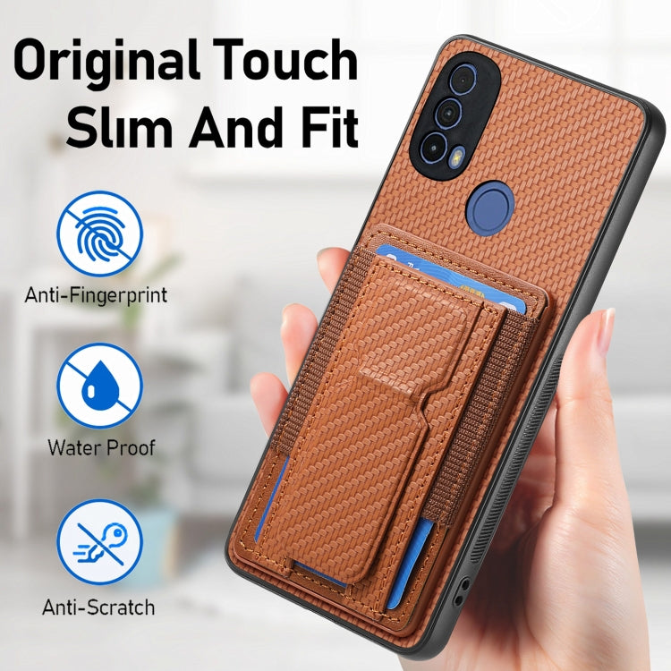 For Motorola Moto G Power 5G 2024 Carbon Fiber Fold Stand Elastic Card Bag Phone Case(Brown)