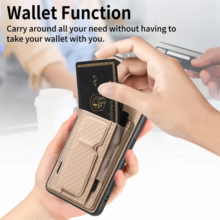 For Motorola Moto G Power 5G 2024 Carbon Fiber Fold Stand Elastic Card Bag Phone Case(Khaki)