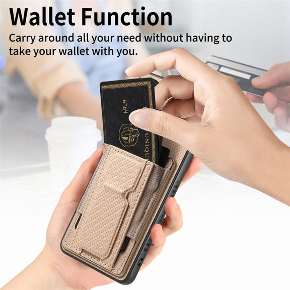 For Motorola Moto G Power 5G 2024 Carbon Fiber Fold Stand Elastic Card Bag Phone Case(Khaki)