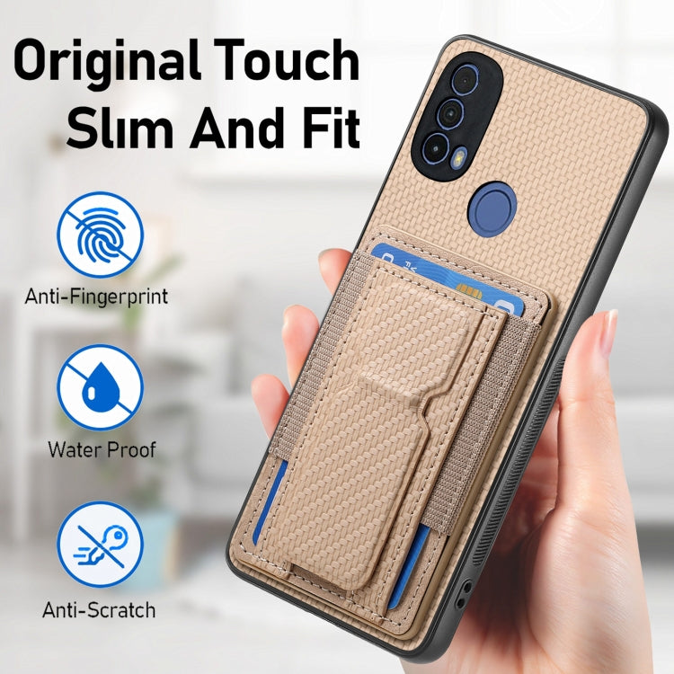 For Motorola Moto G Power 5G 2024 Carbon Fiber Fold Stand Elastic Card Bag Phone Case(Khaki)