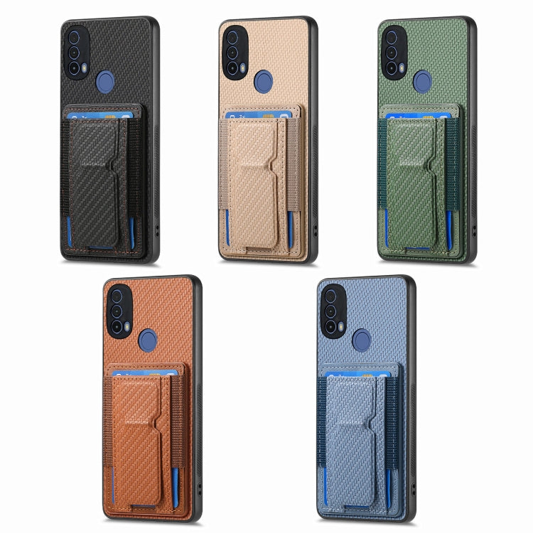 For Motorola Moto G Stylus 5G 2024 Carbon Fiber Fold Stand Elastic Card Bag Phone Case(Khaki)