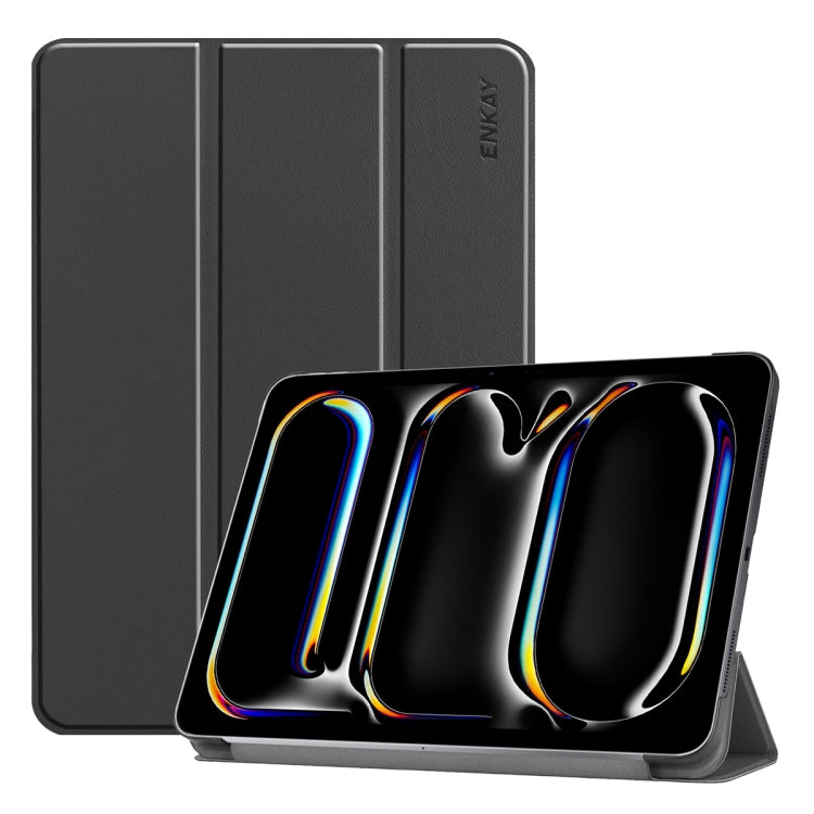 For iPad Pro 13 2024 ENKAY Tri-fold Custer Texture Platic Leather Smart Tablet Case(Black)