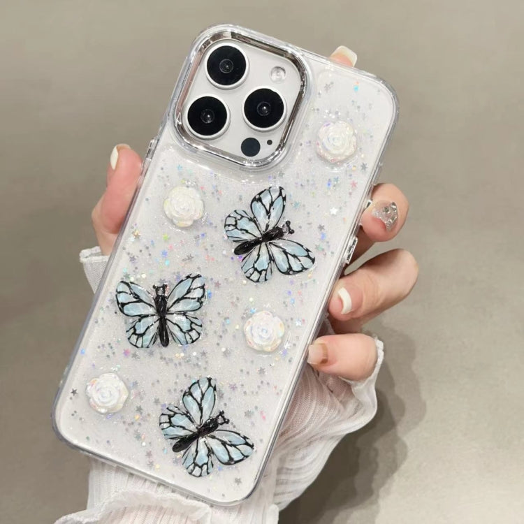 For iPhone 16 Pro Max Glitter 3D Butterfly TPU Phone Case(Blue)