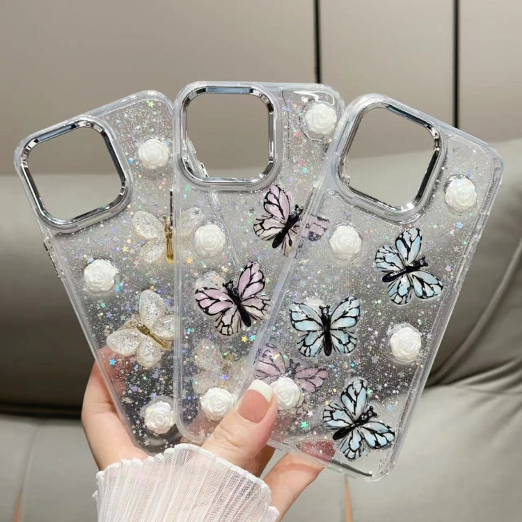 For iPhone 16 Plus Glitter 3D Butterfly TPU Phone Case(Blue)