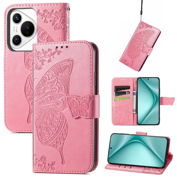 For Huawei Pura 70 Butterfly Love Flower Embossed Leather Phone Case(Pink)