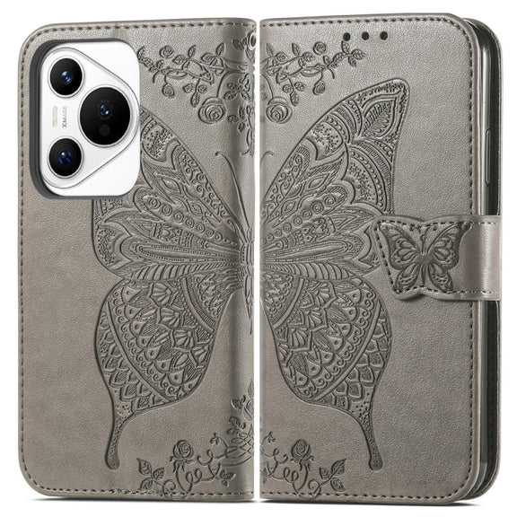 For Huawei Pura 70 Butterfly Love Flower Embossed Leather Phone Case(Gray)