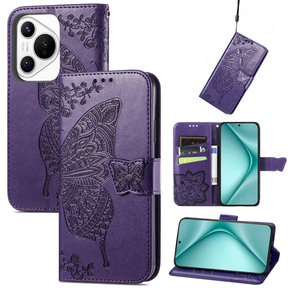 For Huawei Pura 70 Butterfly Love Flower Embossed Leather Phone Case(Purple)
