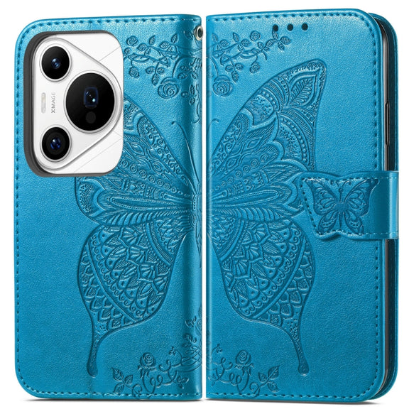 For Huawei Pura 70 Pro Butterfly Love Flower Embossed Leather Phone Case(Blue)