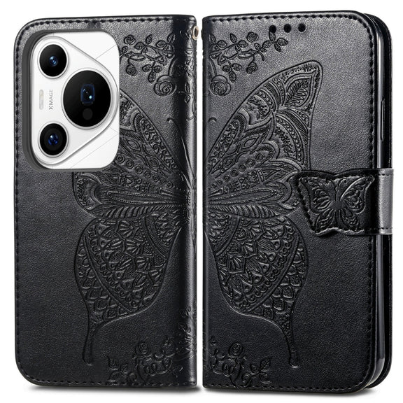 For Huawei Pura 70 Pro Butterfly Love Flower Embossed Leather Phone Case(Black)