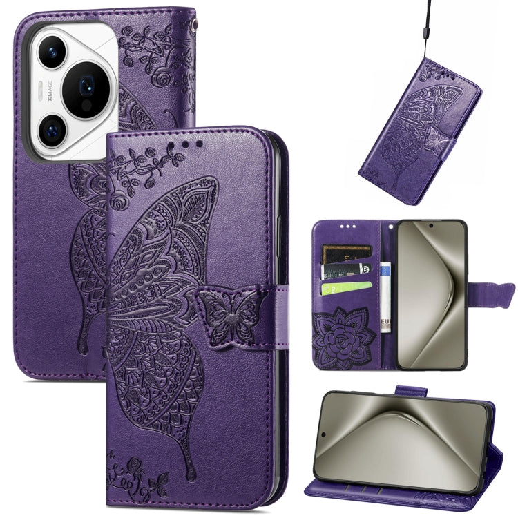 For Huawei Pura 70 Pro Butterfly Love Flower Embossed Leather Phone Case(Purple)