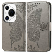 For Huawei Pura 70 Pro+ Butterfly Love Flower Embossed Leather Phone Case(Gray)
