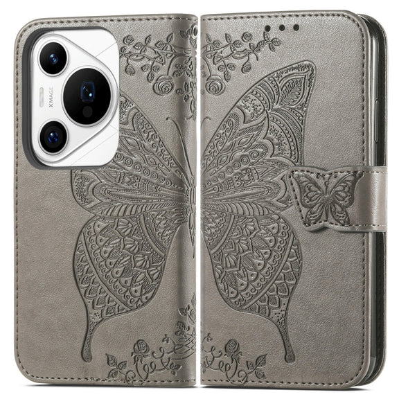 For Huawei Pura 70 Pro+ Butterfly Love Flower Embossed Leather Phone Case(Gray)