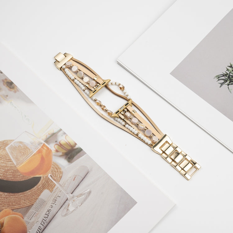For Apple Watch SE 2022 44mm Beaded National Style Bracelet Crystal Watch Band(Rose Gold)