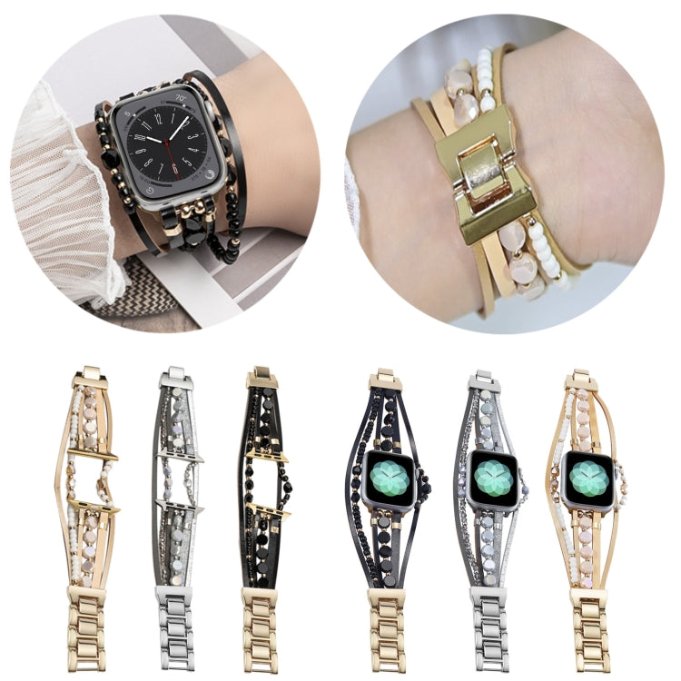 For Apple Watch SE 2022 44mm Beaded National Style Bracelet Crystal Watch Band(Rose Gold)