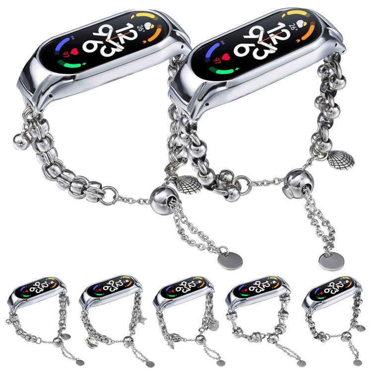 For Xiaomi Mi Band 8 Beaded Bracelet Metal Watch Band(Silver+Dual Ring)
