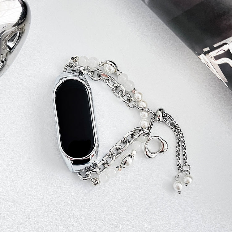 For Xiaomi Mi Band 8 Crystal Beaded Onyx Watch Band(Silver+White Pearl)
