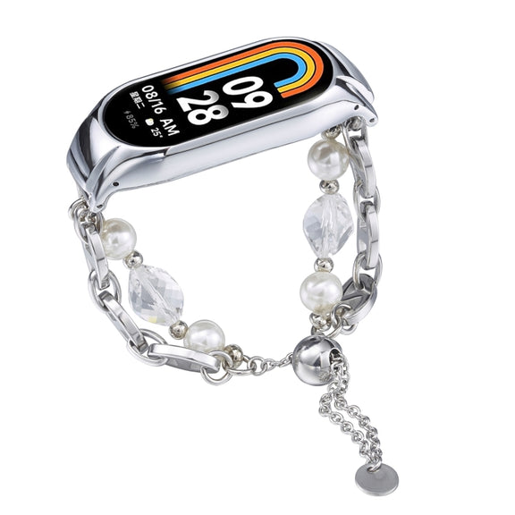 For Xiaomi Mi Band 8 Crystal Beaded Onyx Watch Band(Silver+Crystal Bead)