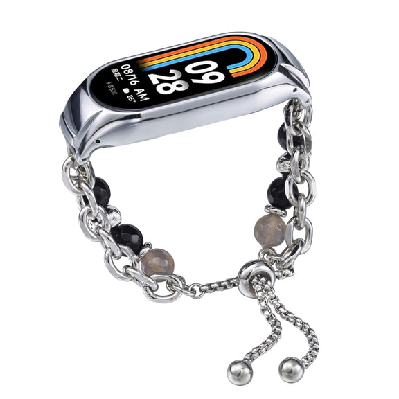 For Xiaomi Mi Band 8 Crystal Beaded Onyx Watch Band(Silver+Agate Bead)