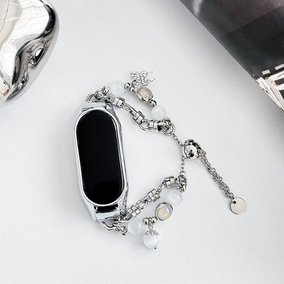 For Xiaomi Mi Band 7 Crystal Beaded Onyx Watch Band(Silver+Butterfly)