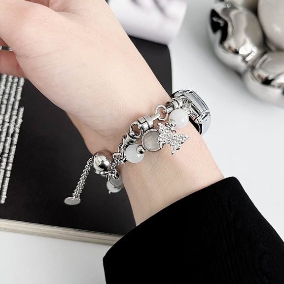 For Xiaomi Mi Band 7 Crystal Beaded Onyx Watch Band(Silver+Butterfly)
