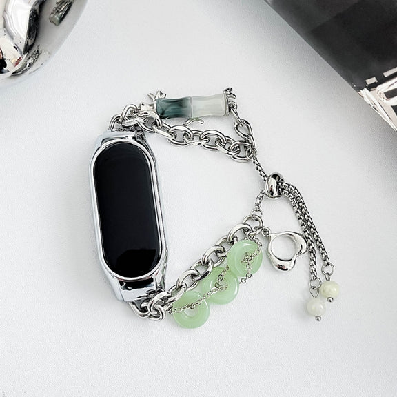 For Xiaomi Mi Band 7 Crystal Beaded Onyx Watch Band(Silver+Jade Donut)