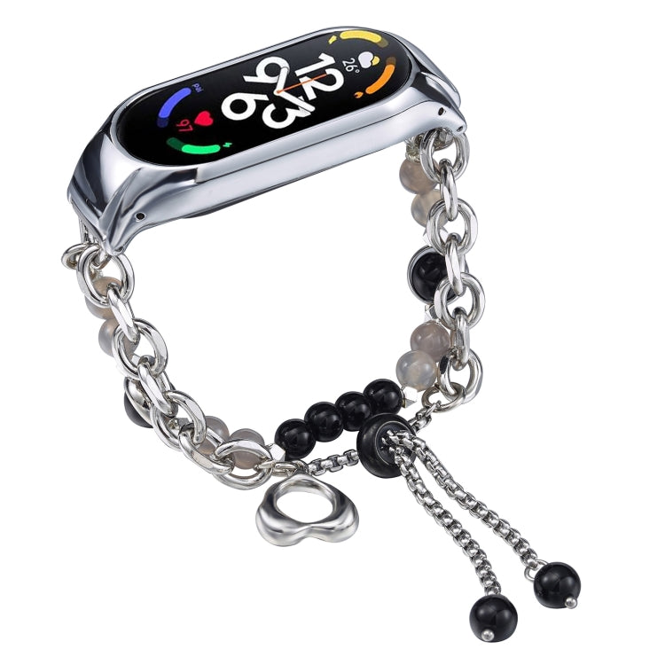 For Xiaomi Mi Band 7 Crystal Beaded Onyx Watch Band(Silver+Black Pearl)