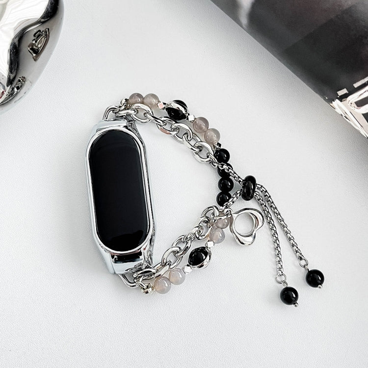 For Xiaomi Mi Band 7 Crystal Beaded Onyx Watch Band(Silver+Black Pearl)