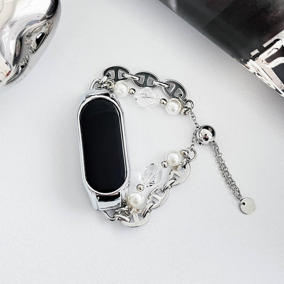 For Xiaomi Mi Band 7 Crystal Beaded Onyx Watch Band(Silver+Crystal Bead)