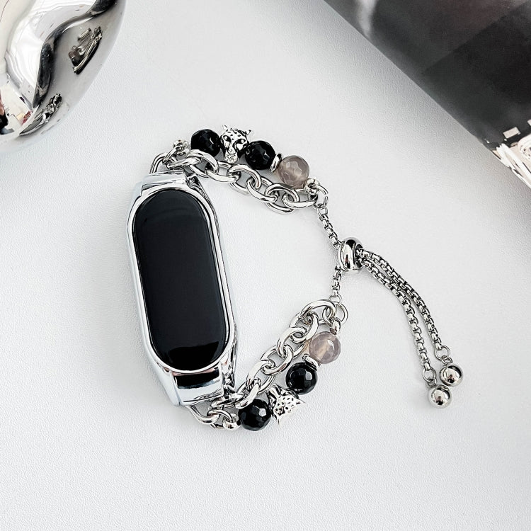 For Xiaomi Mi Band 7 Crystal Beaded Onyx Watch Band(Silver+Agate Bead)