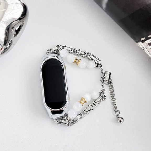 For Xiaomi Mi Band 7 Crystal Beaded Onyx Watch Band(Silver+Copper Collar)
