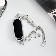 For Xiaomi Mi Band 5 / 6 Crystal Beaded Onyx Watch Band(Silver+White Pearl)