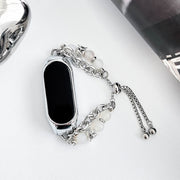 For Xiaomi Mi Band 5 / 6 Crystal Beaded Onyx Watch Band(Silver+Leopard Head)