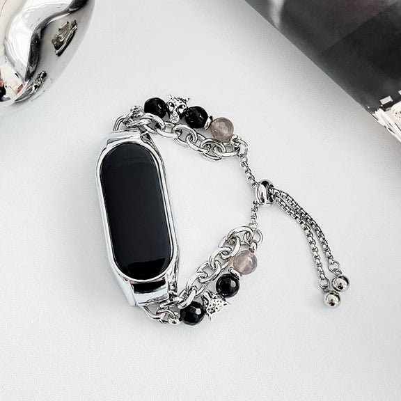 For Xiaomi Mi Band 5 / 6 Crystal Beaded Onyx Watch Band(Silver+Agate Bead)