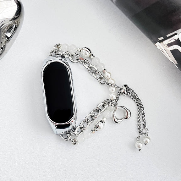 For Xiaomi Mi Band 3 / 4 Crystal Beaded Onyx Watch Band(Silver+White Pearl)