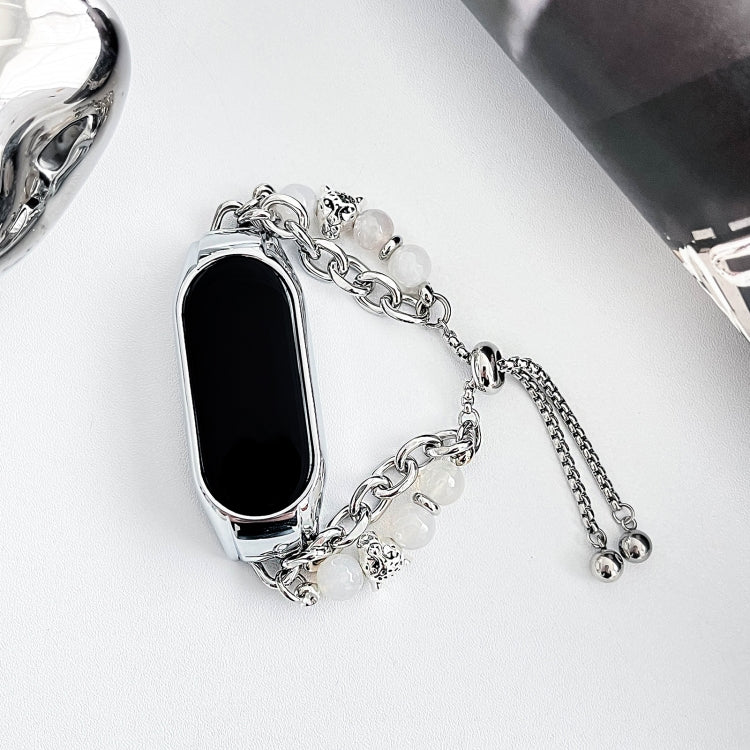 For Xiaomi Mi Band 3 / 4 Crystal Beaded Onyx Watch Band(Silver+Leopard Head)
