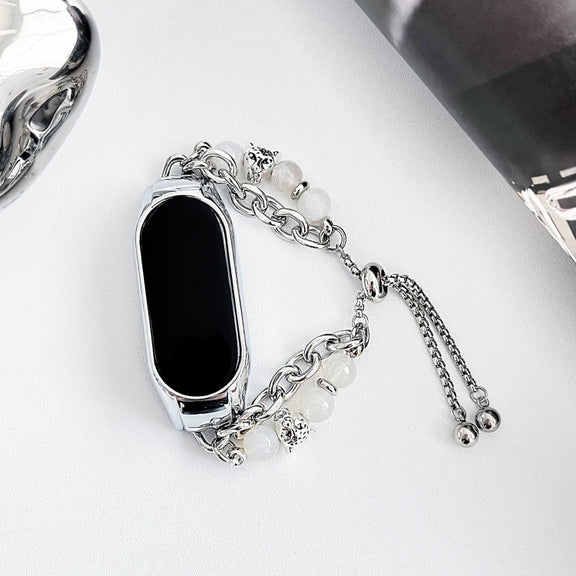 For Xiaomi Mi Band 3 / 4 Crystal Beaded Onyx Watch Band(Silver+Leopard Head)