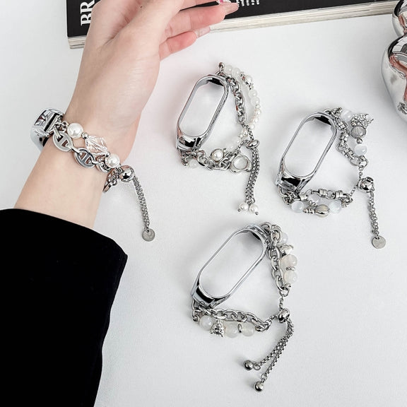 For Xiaomi Mi Band 7 Crystal Beaded Onyx Watch Band(Silver+Black Pearl)