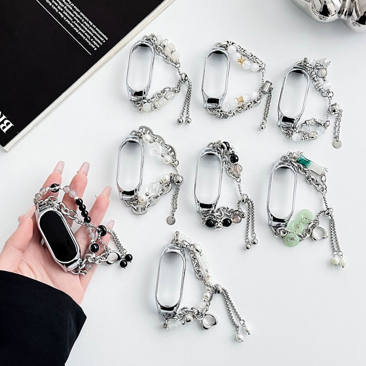 For Xiaomi Mi Band 3 / 4 Crystal Beaded Onyx Watch Band(Silver+White Pearl)