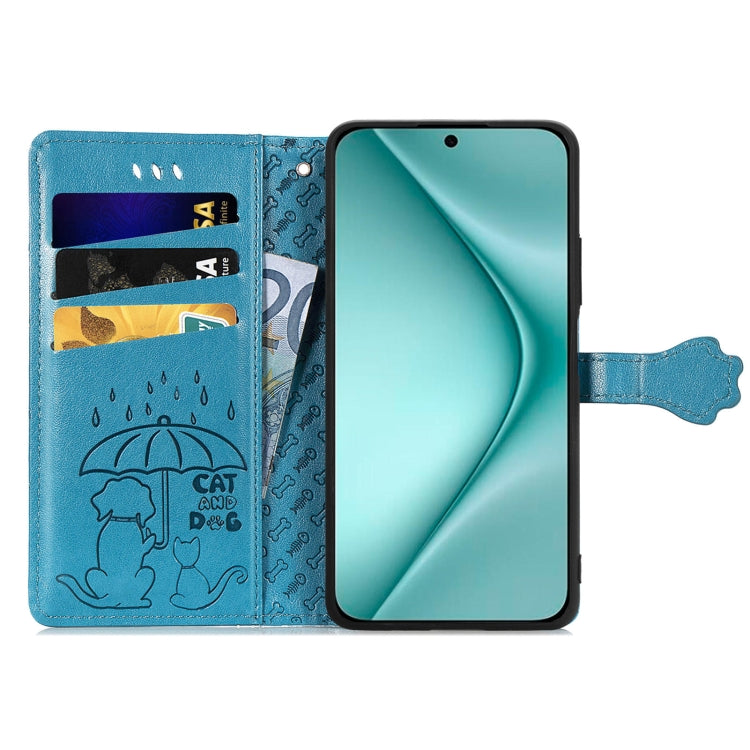 For Huawei Pura 70 Cat and Dog Embossed Leather Phone Case(Blue)