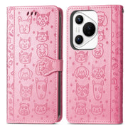 For Huawei Pura 70 Cat and Dog Embossed Leather Phone Case(Pink)