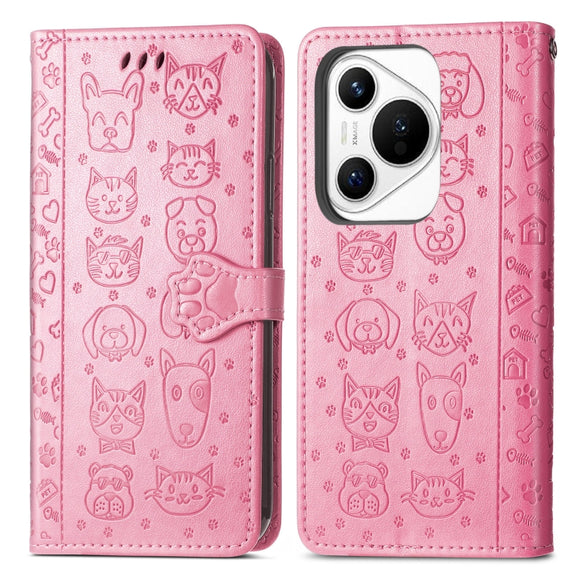 For Huawei Pura 70 Cat and Dog Embossed Leather Phone Case(Pink)