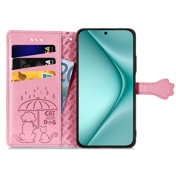 For Huawei Pura 70 Cat and Dog Embossed Leather Phone Case(Pink)