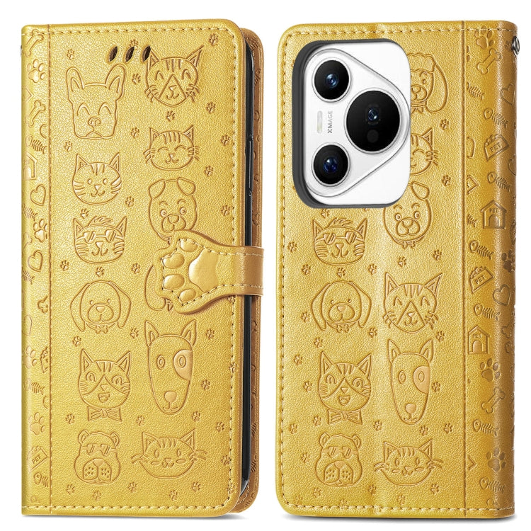 For Huawei Pura 70 Cat and Dog Embossed Leather Phone Case(Yellow)