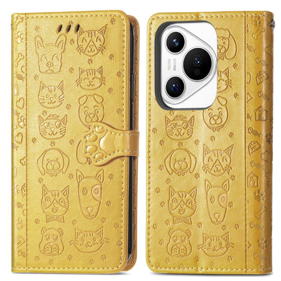 For Huawei Pura 70 Cat and Dog Embossed Leather Phone Case(Yellow)