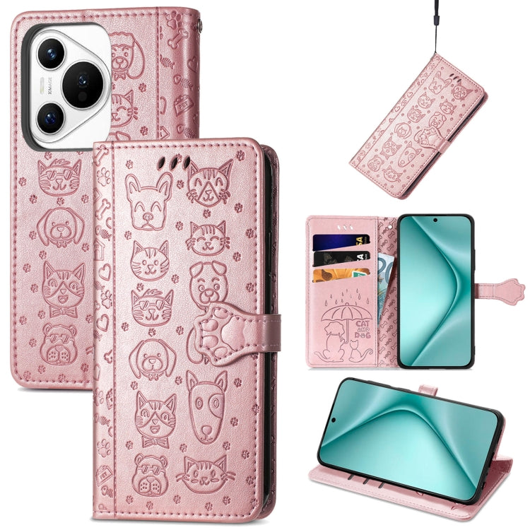 For Huawei Pura 70 Cat and Dog Embossed Leather Phone Case(Rose Gold)