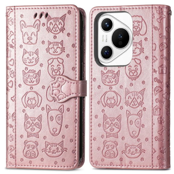 For Huawei Pura 70 Cat and Dog Embossed Leather Phone Case(Rose Gold)