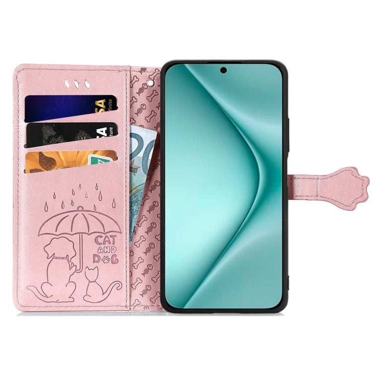 For Huawei Pura 70 Cat and Dog Embossed Leather Phone Case(Rose Gold)