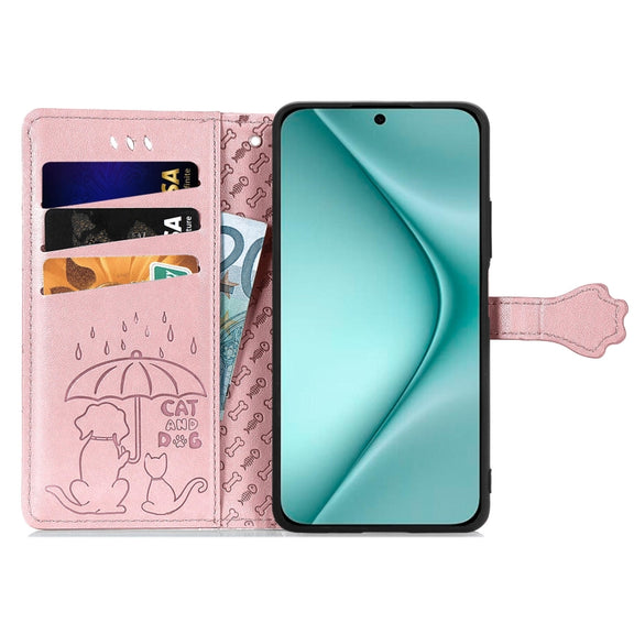 For Huawei Pura 70 Cat and Dog Embossed Leather Phone Case(Rose Gold)